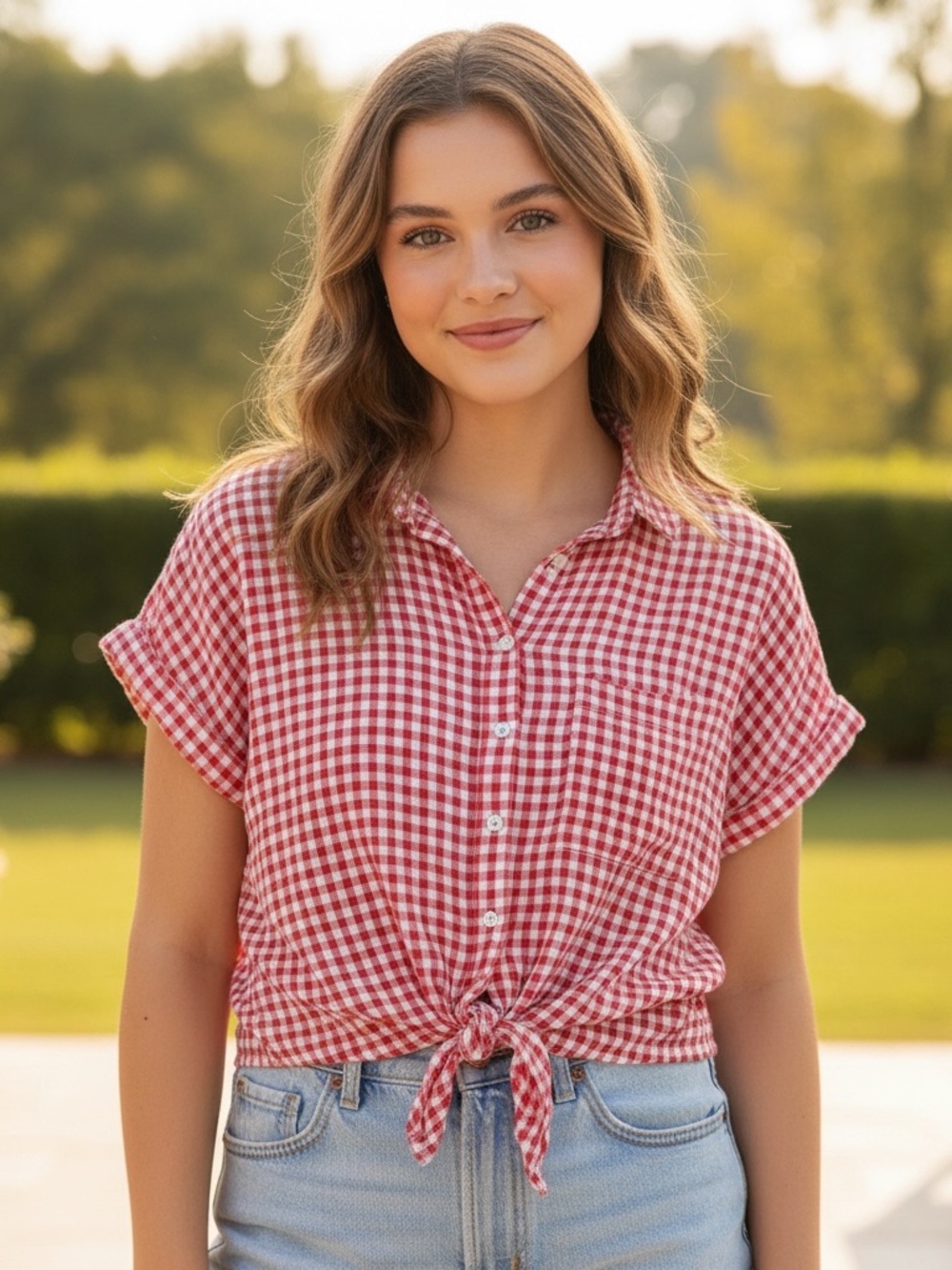 beachlunchlounge Cotton Cropped Tie Red and White Gingham Top Shirt Summer